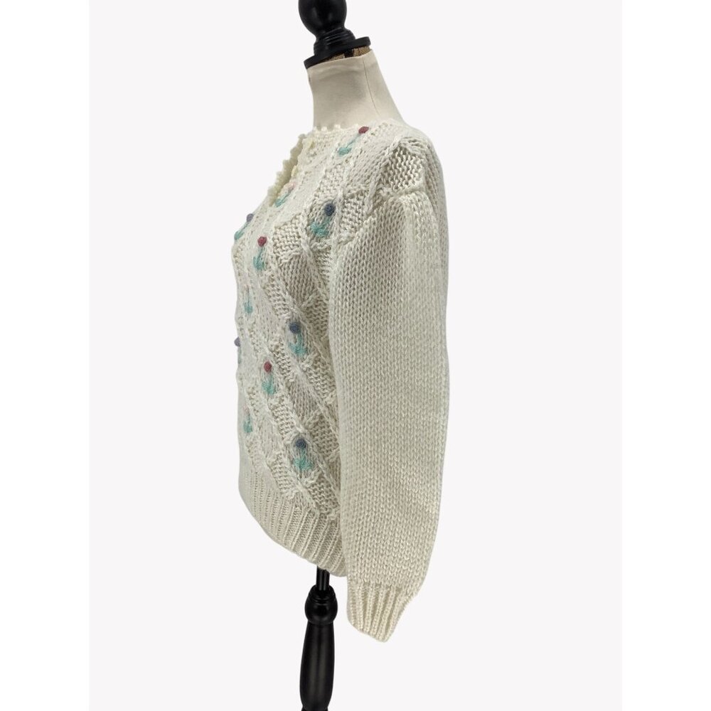 Lady Van Heusen Hand Knit Ivory Sweater M Floral Embroidery & Diamond Pattern - Picture 5 of 7